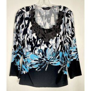 Investments Top Women’s Sz  Medium Multicolored With Black Satin Flowers At Neck